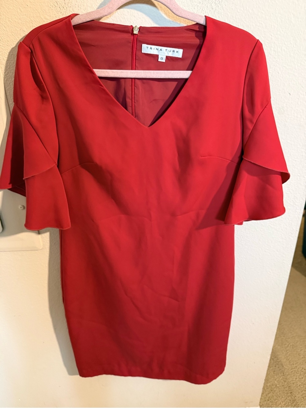 Trina Turk Red V Neck Flutter Sleeve Sheath Dress Size 0